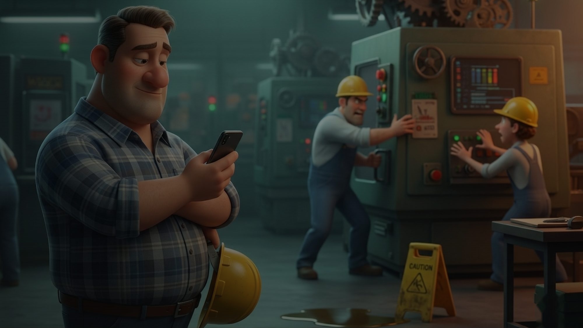 Senso de Perigo — trabalhador distraído no celular em ambiente industrial